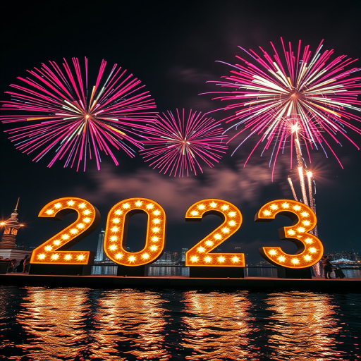 Create a vibrant New Year's Eve celebration scene featuring large, illuminated numbers "2023" in the foreground with colorful fireworks exploding above, captured with a DSLR camera at f/8, ISO 100, 4 seconds exposure, wide-angle lens, and a low angle view to emphasize the fireworks and reflections on water.