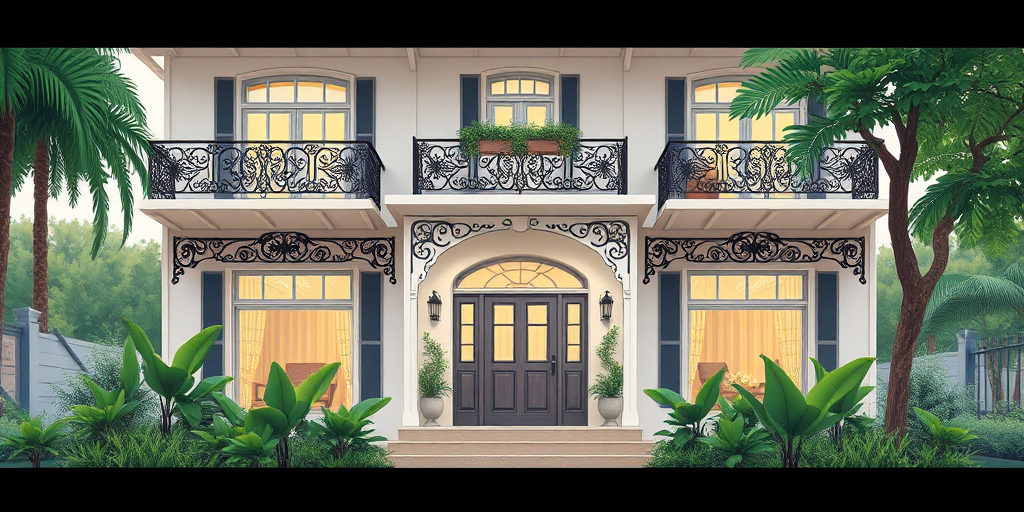 Regenerate a modern house illustration with intricate ironwork on balconies, lush green plants, and a decorative front yard, captured in a wide-angle view, using a DSLR camera at f/8, ISO 100, and a shutter speed of 1/250s for sharpness and detail.