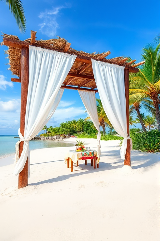 Create a picturesque tropical beach scene featuring a serene, white sandy shore. In the foreground, there's a rustic wooden canopy with white drapes gently flowing in the breeze. Underneath the canopy, a table is set with tropical decor, evoking a sense of relaxation and leisure. The beach extends into a calm, shallow water area with reflections of the sky and surroundings. Palm trees and lush greenery line the edge of the beach, providing a natural, tropical backdrop. The sky is clear with a few scattered clouds, and the overall atmosphere is tranquil and inviting, perfect for a peaceful retreat.