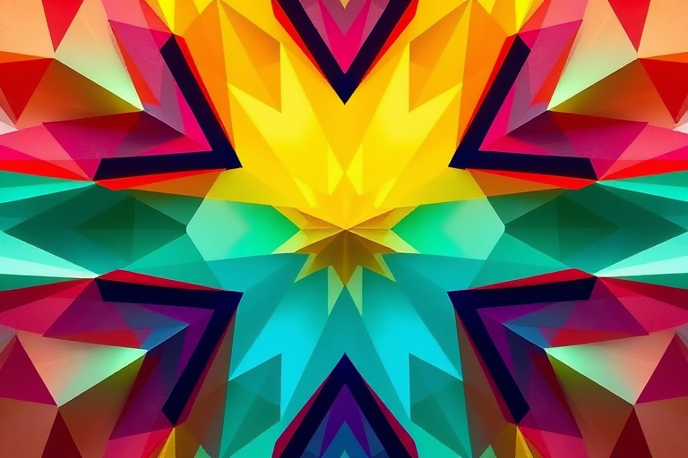 Generate a high-resolution abstract geometric design with vibrant colors, 50mm lens, f/1.8 aperture, ISO 100, shot in natural light, top-down view, DSLR camera style.