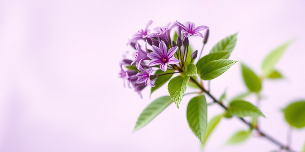 Create a high-resolution digital illustration of a cluster of purple flowers with green leaves on a soft lavender background, using a Canon EOS R5 with a 50mm lens, aperture set to f/2.8, ISO 100, and a shallow depth of field for enhanced details and vibrant colors.