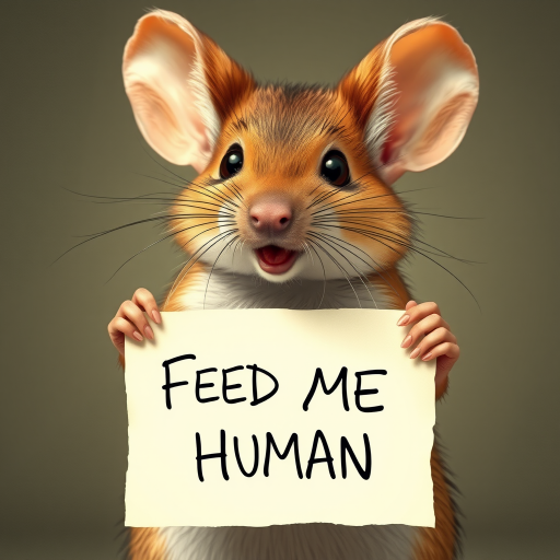 mouse holding a note which says "FEED ME HUMAN"