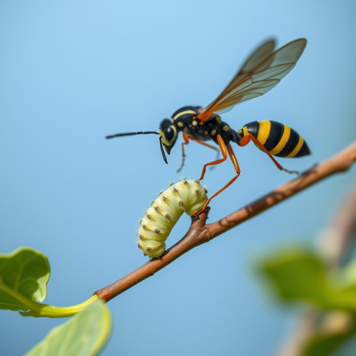 Spectacular photography, 300dpi, digital noise free, extremely clear, ultra-realistic, inside focus, best angle view, with intricate details of a small and tiny Cabbage Butterfly Caterpillar (Pieris Brassicae), standing on a branch of a tree, partially covered with green leaves. A large and majestic parasitic wasp (Torymus sinensis), flying over the caterpillar, right in front of the caterpillar with its body arched and the sting completely out of its abdomen pointing at the caterpillar's body and prepared in an attacking and aggressive position, stares at it and watches stealthily. Both within focus . Proportion of size. Light of day. National Geographic style