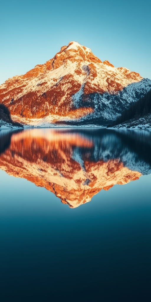 Capture a high-resolution image of a snow-covered mountain reflecting in calm waters, with a wide-angle lens, f/8 aperture, ISO 100, 1/250 sec shutter speed, taken with a DSLR camera during golden hour for enhanced lighting and colors.