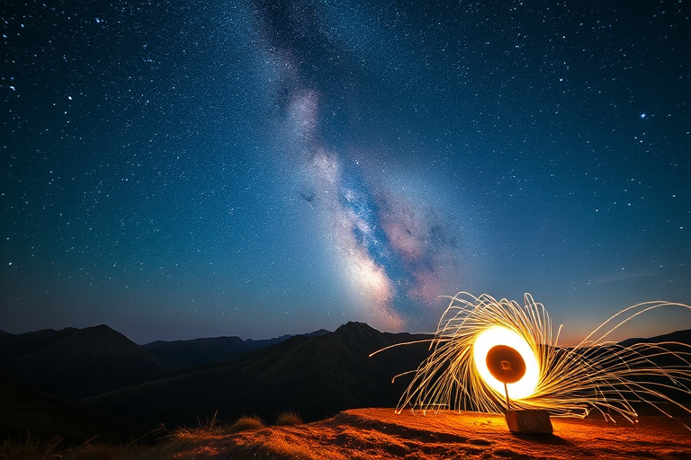 Capture a night sky scene with the Milky Way over a mountain landscape, featuring a person spinning steel wool to create glowing trails, using a Canon EOS R6, 24mm f/1.4 lens, ISO 3200, 15 seconds exposure, tripod mounted, wide-angle view to enhance depth and clarity.