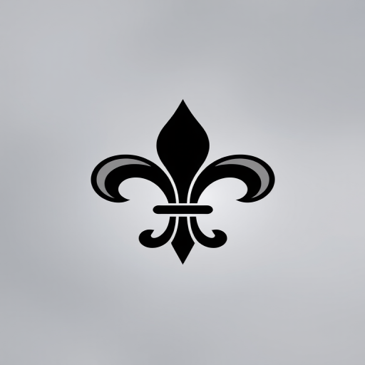 Create a high-resolution image of a stylized fleur-de-lis logo with a transparent background, captured using a DSLR camera with a 50mm lens at f/2.8, ISO 100, and a shallow depth of field for a smooth bokeh effect.