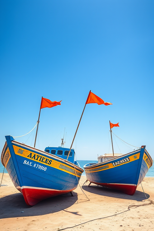 photograph two blue fishing boats on a sandy beach with orange flags fluttering in the wind under a clear blue sky, DSLR camera, f/8 aperture, 1/200 sec shutter speed, ISO 200, wide-angle lens, sunny daylight, vibrant colors