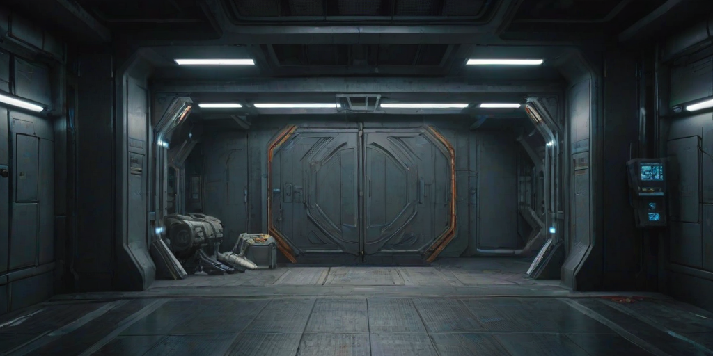A sci-fi scene, no humans, with a closed gate, gate_prop