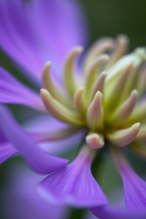 Close-up of a purple flower with delicate petals and green buds in the background, captured with a DSLR camera at f/2.8 aperture, 100mm macro lens, ISO 200, natural light, shallow depth of field to enhance detail and soft bokeh effect.