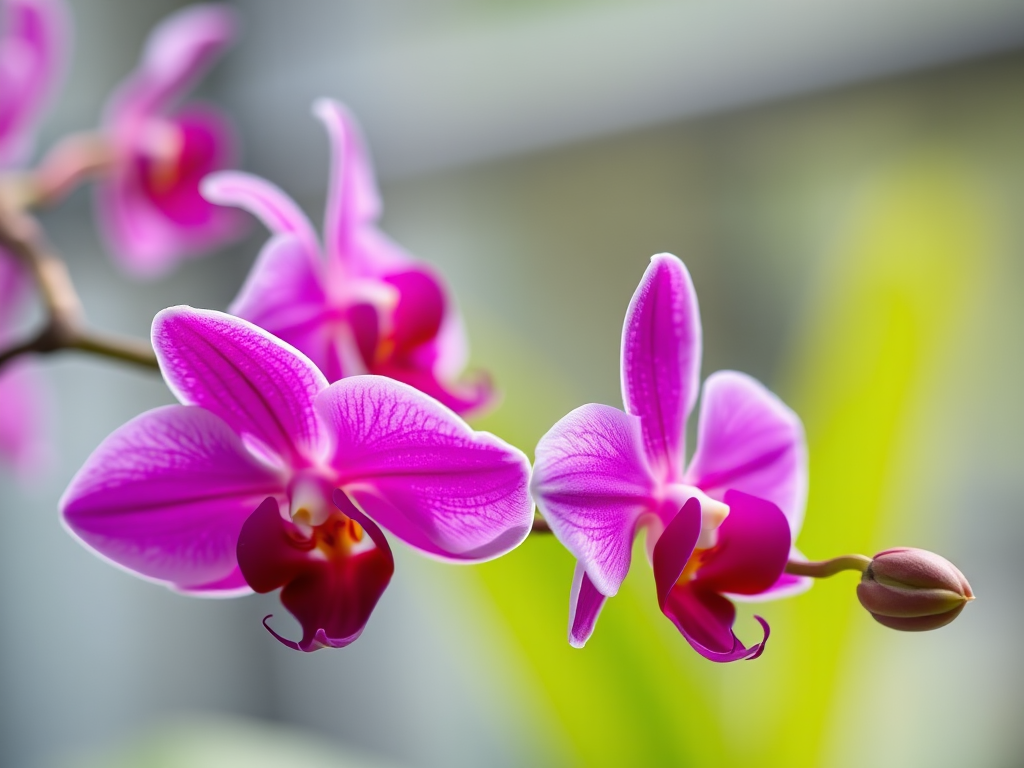 close-up of vibrant pink orchids in full bloom, natural light, macro lens, f/2.8 aperture, 1/200 sec shutter speed, ISO 100, shallow depth of field, soft focus background, high-resolution image, DSLR camera