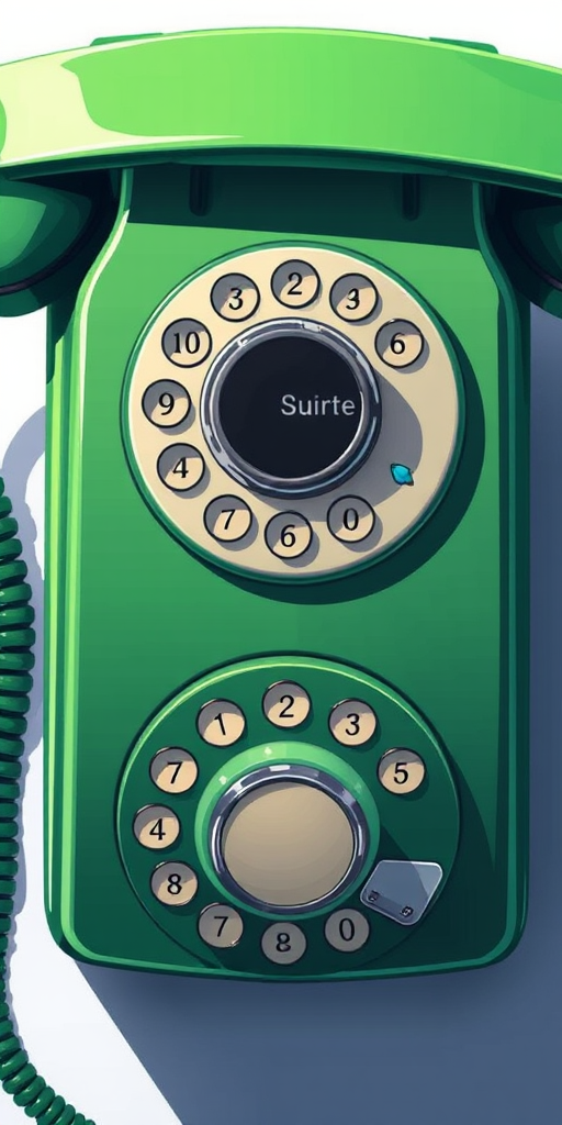 Create an illustration of a vintage green rotary phone with a circular dial, using a high-resolution digital art style, captured from a top-down view, with soft lighting and increased contrast to enhance details.