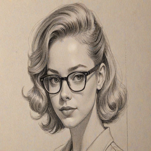 Wonderful Sydney Sweeney, pencil sketch, portrait of Bewitching woman 1941s in glasses, hair style beatnik, outline, clear lines, fine lines, 8k