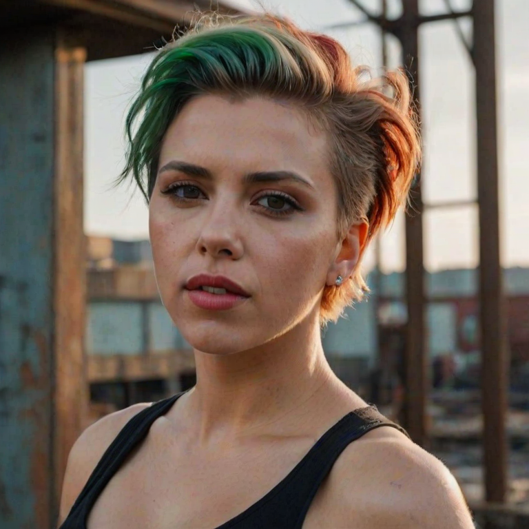 a highly detailed photo of scarlett johansson with a punk aesthetic. She has fair skin and a slender physique. Her hair is styled in a mohawk with a striking green and red gradient, with the green section covering the left side and the red section on the right. Her facial features are sharp and angular, with dark eyebrows and eyeliner that accentuate her almond-shaped eyes. She has a small nose ring and wears a silver metallic earpiece on her left ear. Her expression is neutral, with a slight hint of a smile. She has a tattoo of a large red rose on her neck, just below her jawline. She is wearing a sleeveless top that reveals her shoulders and upper arms, which are lightly tanned. The background is a gritty, industrial setting with a rusty, metallic texture. There are visible pipes and a large, metallic structure in the distance, suggesting an urban environment. The sky is a mix of blue and orange hues, indicating either early morning or late afternoon light. The image has a realistic texture and lighting, enhancing the sense of being in a real-world environment.