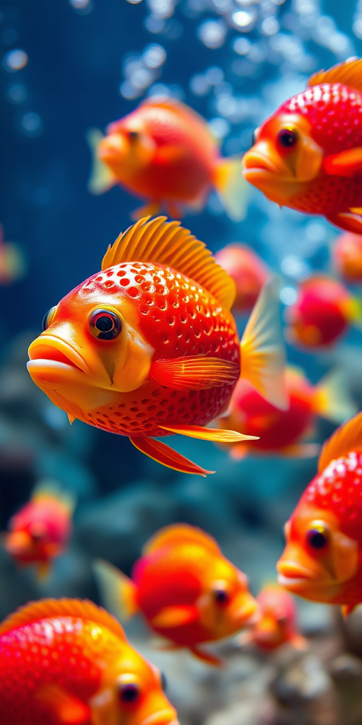 Create a vibrant underwater scene featuring colorful fish resembling strawberries, with bubbles in the background, shot with a DSLR camera at f/8 aperture, ISO 200, 50mm lens, using a wide-angle view to capture the scene and enhance clarity and detail.