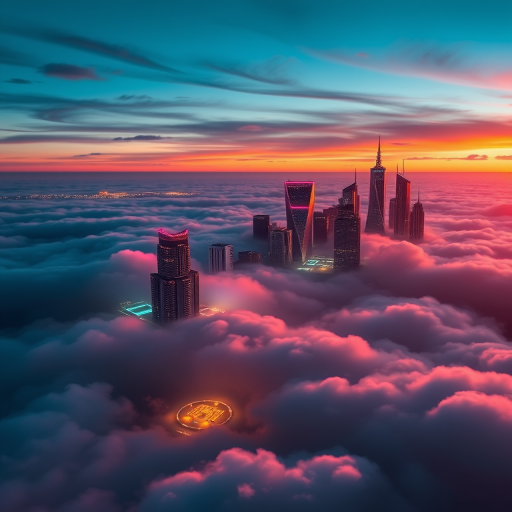 Create a stunning futuristic cityscape floating above the clouds during sunset, capture with a Canon EOS R5, 24mm lens, aperture f/8, ISO 100, shutter speed 1/250, using a wide-angle perspective to enhance depth and colors, emphasizing vibrant neon lights reflecting off the clouds below.