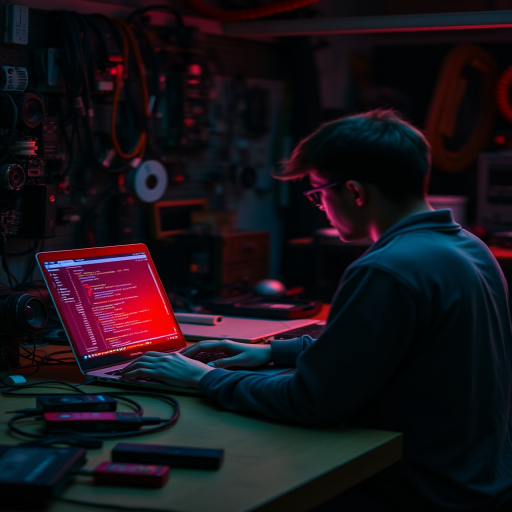 A person coding on a laptop in a workshop filled with electronics, with a red-tinted ambient light, shot with a DSLR camera at f/1.8, ISO 200, 50mm lens, shallow depth of field, focus on the laptop screen.