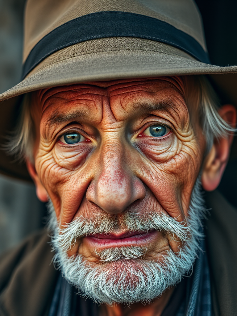 Close-Up Portrait of an Older Man with Distinctive Features and Hat