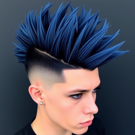 Edgy blue-black mohawk with shaved sides, styled in a high and spiky manner, showcasing rebellious spirit and unconventional beauty
