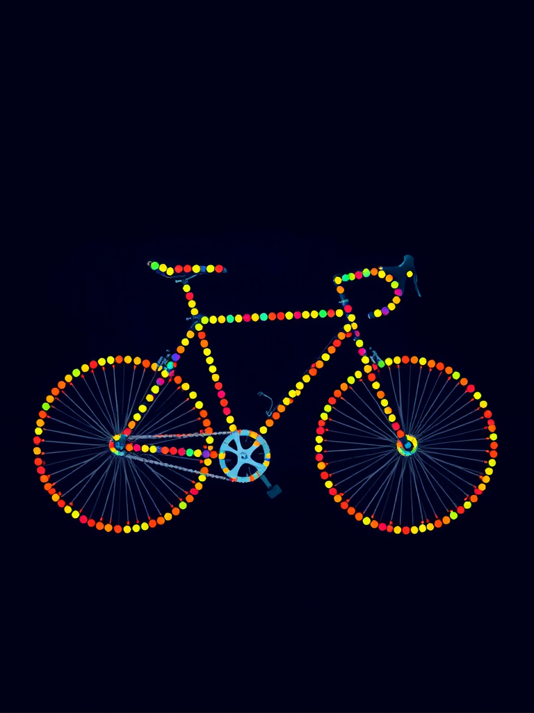Create an abstract image of a bicycle composed of colorful dots against a dark blue background, using a DSLR camera with a 50mm lens, f/1.8 aperture, ISO 200, shot from a side view in natural lighting to enhance image clarity and detail.