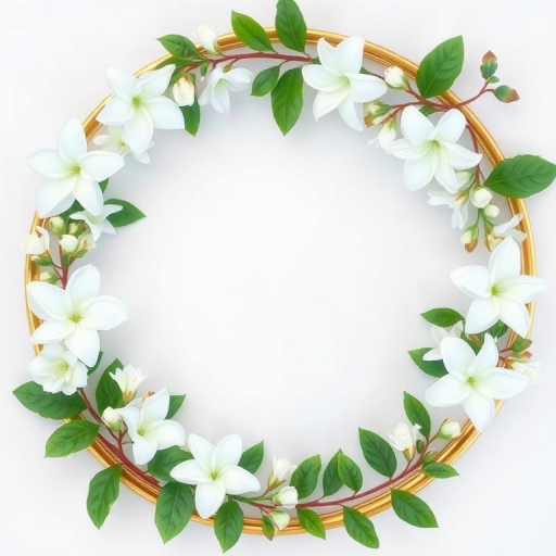 Create a floral frame with white flowers and green leaves on a circular gold outline, using a DSLR camera with a 50mm lens at f/2.8, natural lighting, top-down view, in high resolution to enhance image quality.