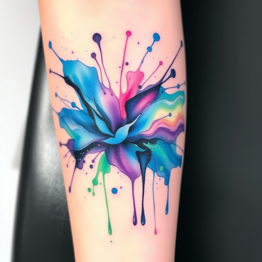 Vibrant watercolor splash tattoo named "Chromatic Cascade" featuring a dynamic burst of blues, purples, and greens swirling together in a fluid motion, with delicate splatters and drips extending outward, creating an abstract and expressive design that appears to flow across the skin like liquid art in motion