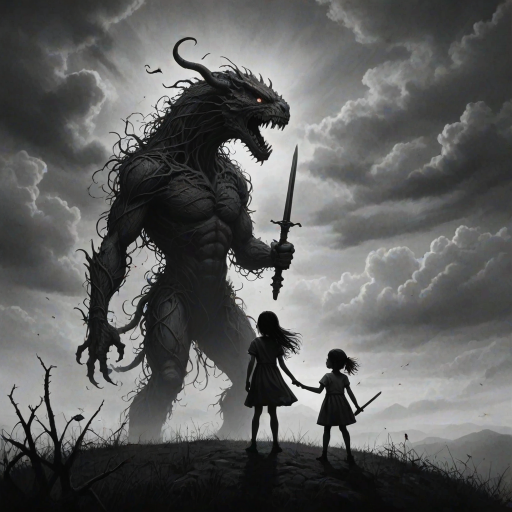 Fight your fears illustration of black and white minimalist of a little girl standing on a hill, raising a sword in hand, she is facing a large menacing creature with large head, sharp teeth and sharp claws, its body is made of vines and roots. The background is a cloudy sky with a hint of smoke or fog. The overall mood of the image is dark and eerie.