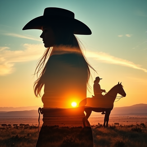 "Create a Double exposure", a silhouette "profile portrait of a young cowgirl" with long hair "superimposed" against a long shot of a cowgirl riding a horse across the plains, fantastic view, 32k, cinematic, hyper-realistic.