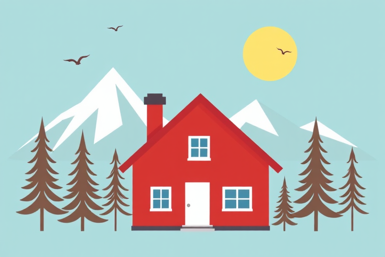 Generate a minimalist illustration of a red house with a chimney in front of mountains, surrounded by stylized pine trees, a clear blue sky with a sun and birds, using a Canon EOS R5 with a 50mm f/1.8 lens, aperture set to f/8, ISO 100, and a bright color palette for enhanced image quality.