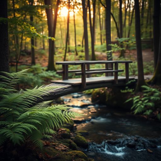 Soft-focus image of a rustic wooden bridge over a babbling brook in a forest, soft golden light filtering through the trees, with ferns softly swaying in the breeze.