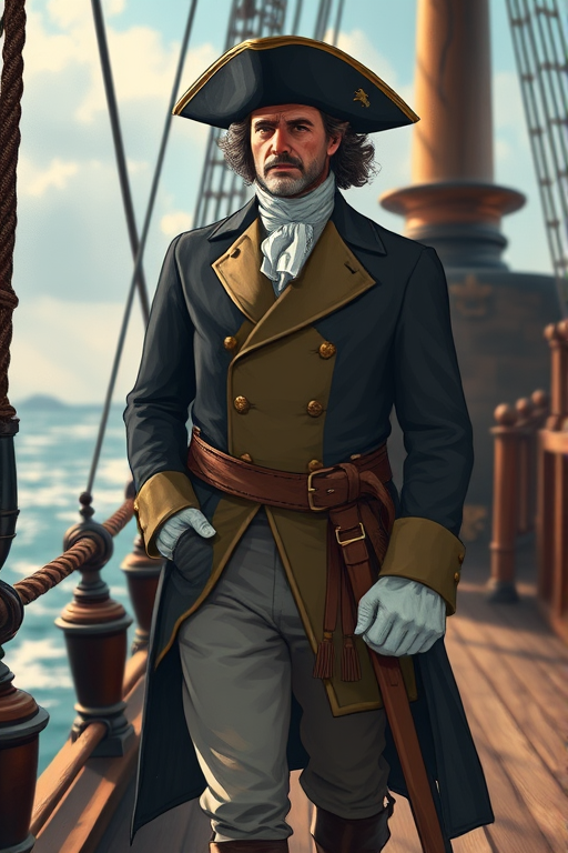 Create an illustration of a figure in 18th-century naval attire standing on a ship's deck, using a DSLR camera with a 50mm lens, f/1.8 aperture, ISO 100, capturing a portrait view with dramatic lighting to enhance details and textures.