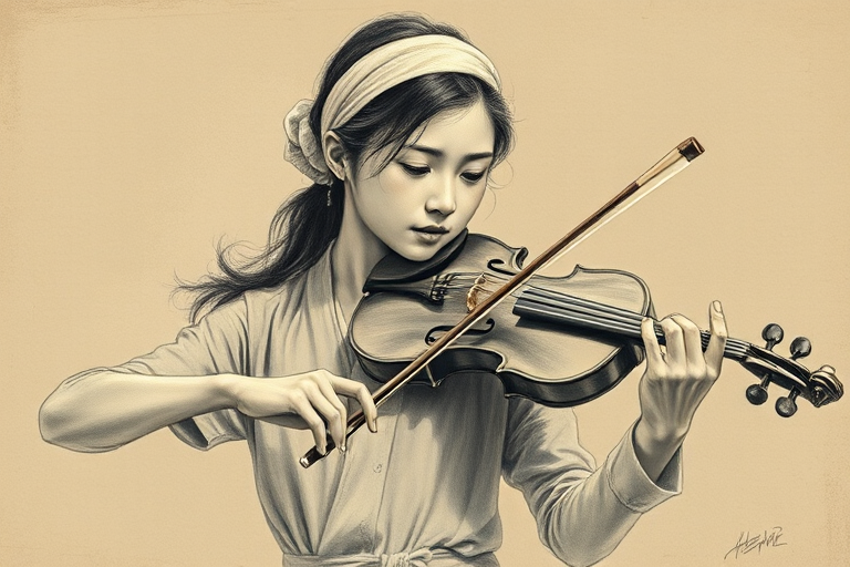 a young Ryukyuan woman with a white headband playing a violin, in the style of a charcoal drawing, sepia grunge background
