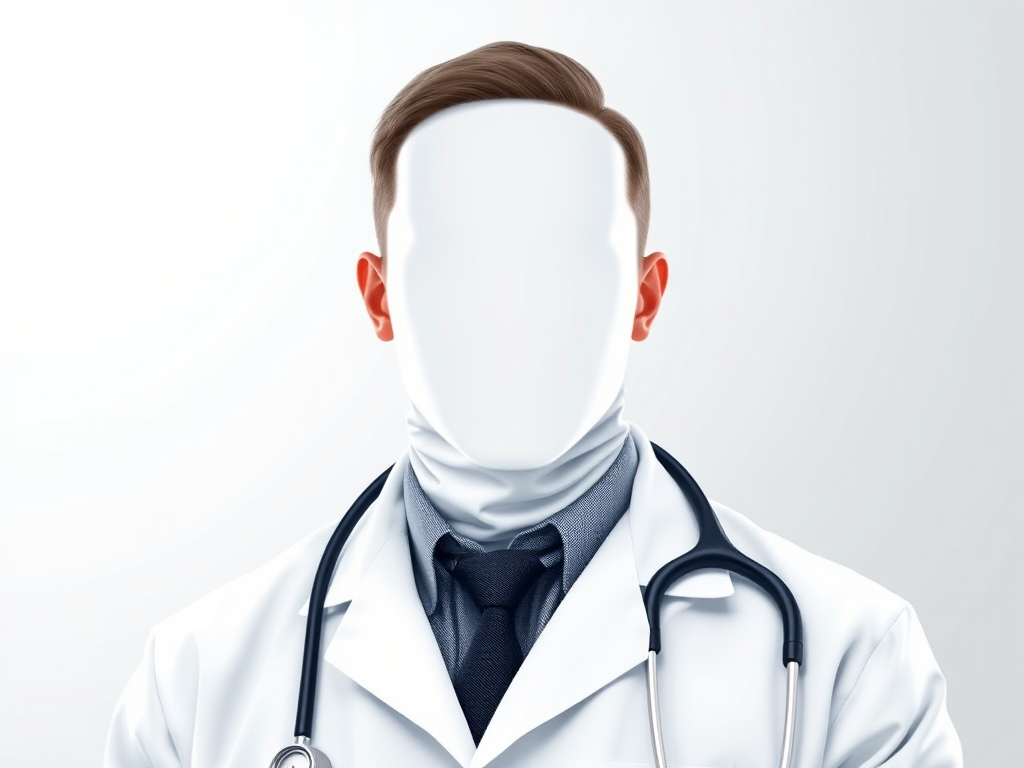 Create a highly detailed digital illustration of a faceless doctor wearing a white coat and stethoscope, shot with a Canon EOS R6, aperture f/2.8, 50mm lens, portrait view, soft focus background, high resolution.