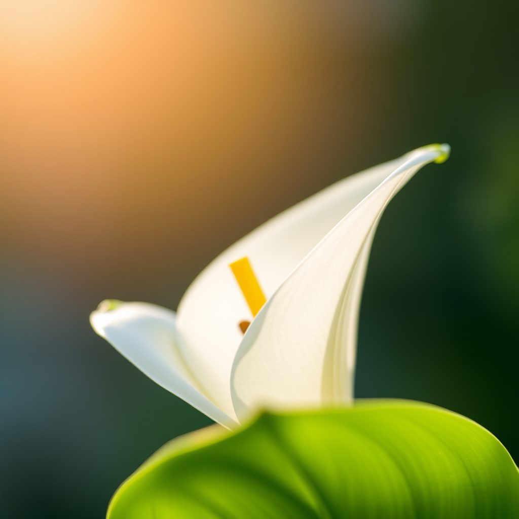 close-up of a white lily flower emerging from a green leaf, soft focus background, natural light, f/2.8 aperture, 50mm lens, ISO 100, macro photography style, DSLR camera