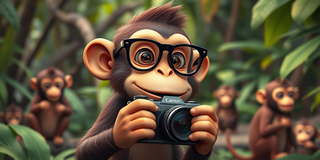 Create an image of a cartoon monkey wearing glasses and holding a vintage camera, set in a lush jungle environment with other playful monkeys in the background, using a Canon EOS R5, 35mm lens, f/1.8 aperture, 1/200s shutter speed, and vibrant colors for enhanced detail and depth.