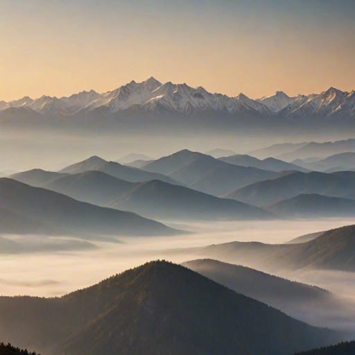 Soft-focus image of a mountain range at sunrise, soft golden light illuminating the peaks, with distant valleys filled with morning mist and a sense of quiet tranquility filling the scene.