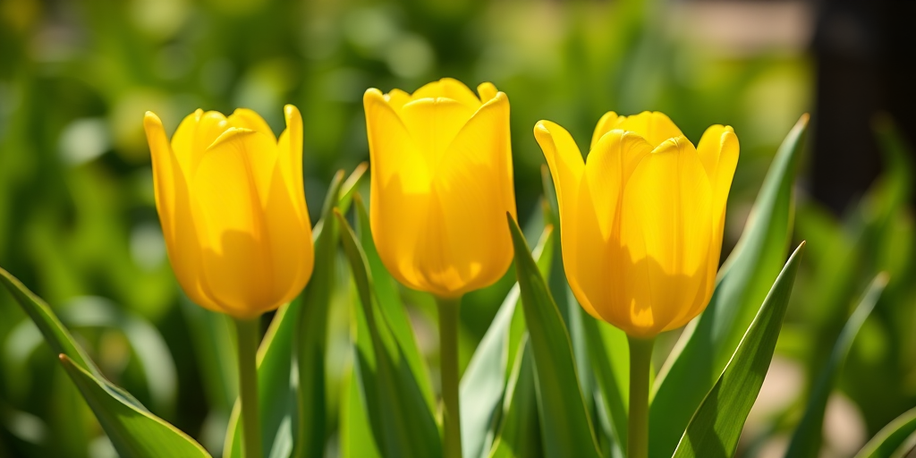 Photograph three yellow tulips with lush green leaves in bright sunlight, shot with a Canon EOS R5 at f/2.8, ISO 100, 1/200 sec, with a shallow depth of field to create a bokeh effect, using a macro lens from a low angle for a vibrant and detailed perspective.