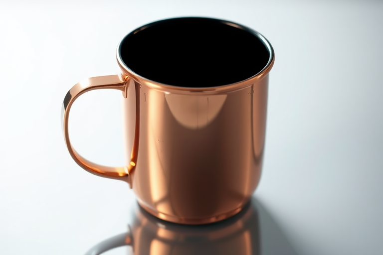 a shiny copper mug with a black handle and interior, positioned at a slight angle on a reflective surface, soft studio lighting, shallow depth of field, taken with a DSLR camera, 50mm lens, aperture f/2.8, ISO 100, 1/125s shutter speed
