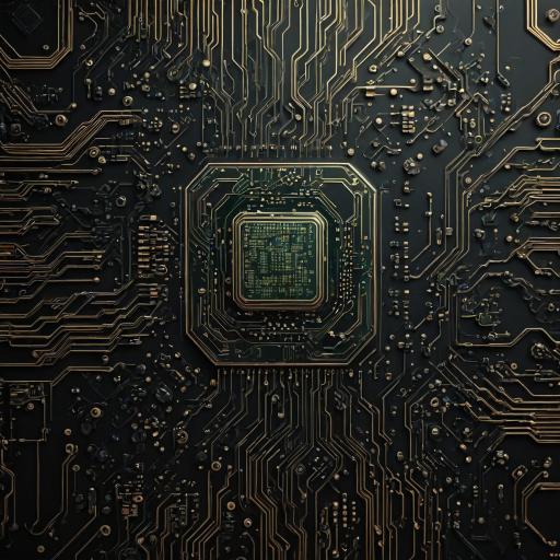 Generate a futuristic circuit board design with a central glowing processor. Emphasize intricate patterns and glowing elements, creating a high-tech, digital aesthetic. Use a dark background to enhance the brightness of the lights and details.