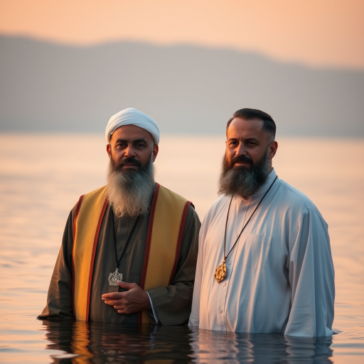 Generate an image of two men in religious attire standing in calm water during sunrise, with soft golden light illuminating their faces, using a DSLR camera with f/2.8 aperture, 50mm lens, ISO 100, and a shallow depth of field to enhance focus on the subjects while softly blurring the background.