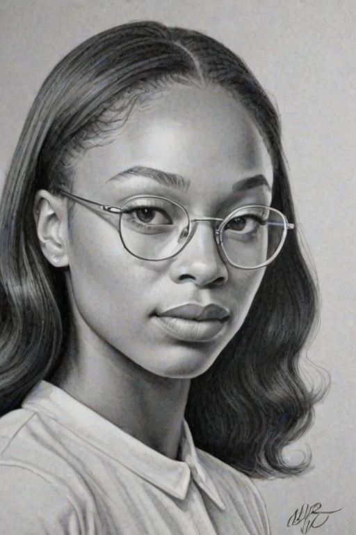 Alluring Allyson Felix, pencil sketch, portrait of Attractive woman 1942s in glasses, hair style beatnik, outline, clear lines, fine lines, 8k