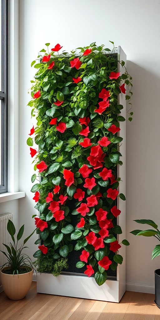 Create a hyper-realistic image of a vertical indoor garden unit with lush green plants and vibrant red flowers, captured with a Canon EOS R5 at f/2.8, ISO 100, 50mm lens, in a bright, well-lit indoor environment, using a clean minimalist style.