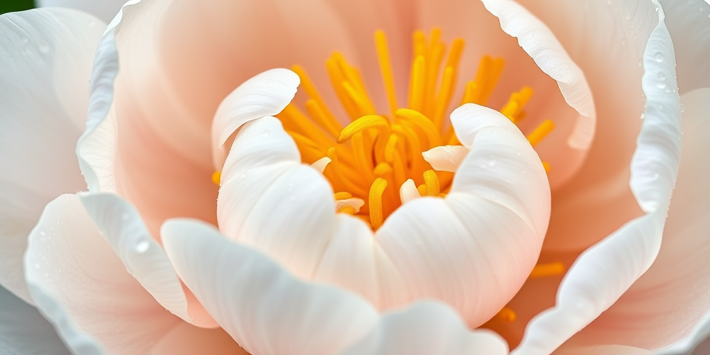 a close-up view of a dewy white peony flower with yellow stamens, shot with a macro lens at f/2.8 aperture, ISO 100, 1/200 sec shutter speed, natural light, DSLR camera, high-definition detail and vibrant colors