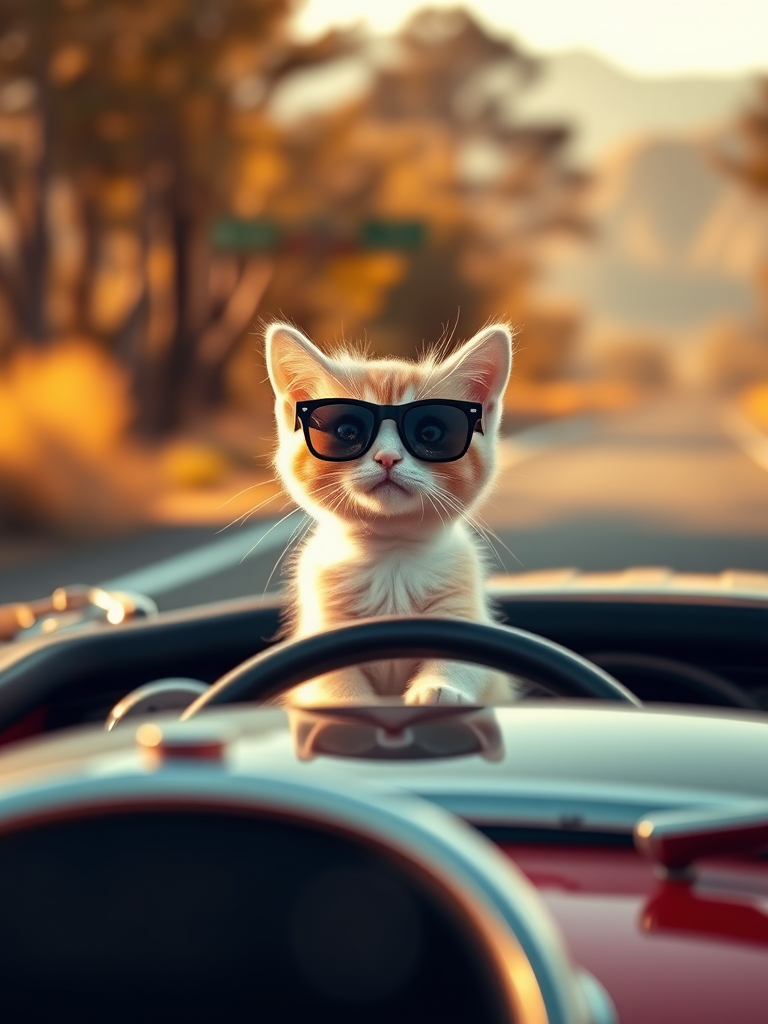 Cute kitten wearing sunglasses driving a classic convertible car on a sunny road with trees and mountains in the background, captured with a DSLR camera at f/2.8 aperture, ISO 100, 50mm lens, soft focus for a dreamy effect, golden hour lighting for vibrant colors.