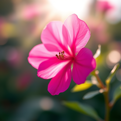 close-up of a vibrant pink flower with sunlight rays shining through, soft bokeh effect in the background, captured using a DSLR camera with a 50mm lens, aperture at f/2.8, ISO 100, shutter speed 1/200s, natural light photography, warm tone filter applied for enhancement