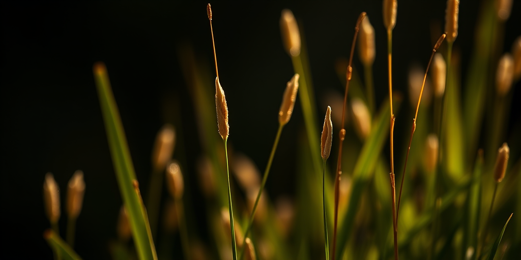 capture close-up of illuminated grass seeds against a dark background, aperture f/2.8, shutter speed 1/200s, ISO 100, portrait orientation, DSLR camera, natural morning light, shallow depth of field