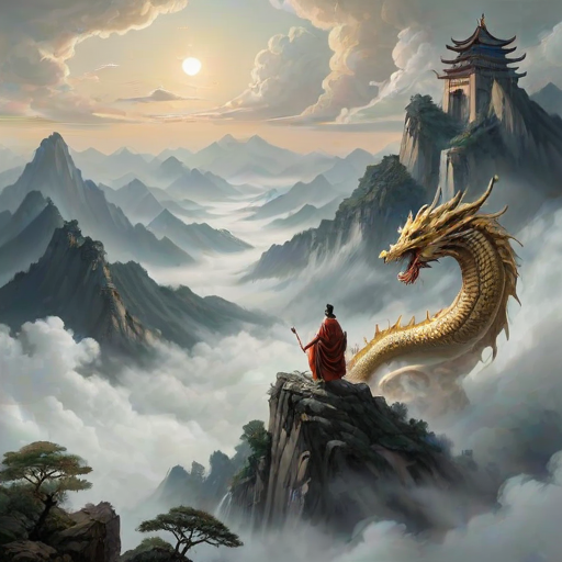 animanflux,This is a very detailed and realistic digital artwork.in traditional Chinese attire, Tang dynasty, At the top of a mountain peak surrounded by clouds, an anthropomorphized dragon was hovering in the sky. The mountain peak was surrounded by clouds and mist, as if it was a fairyland on earth, and the air was filled with a mysterious aura. Its eyes were deep and wise, with a hint of condescension on its face, as if it was looking down on everything in the world. Wearing a golden robe embroidered with cloud patterns and waves, it appeared dignified and sacred, and the hem of the robe swung gently as it flew, as if dancing with the clouds. Mountain peaks, clouds and mist, its robe gently swinging with the wind, the whole scene is full of mystery and solemnity