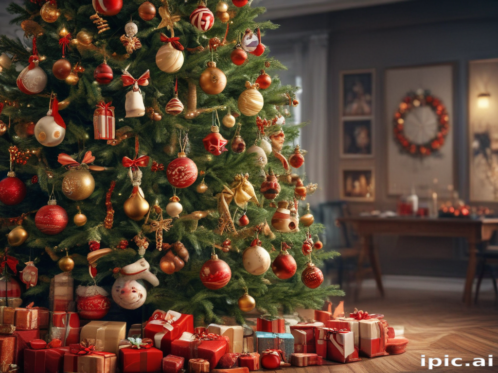 Festive Christmas Tree Adorned with Colorful Ornaments and Wrapped Gifts