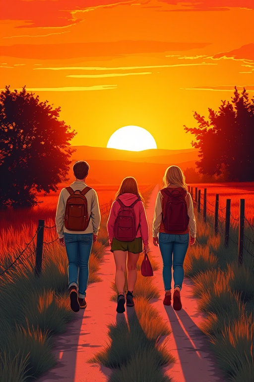 Generate a vibrant illustration of three friends walking along a countryside path at sunset, with an orange sky and the sun low on the horizon, using a Canon EOS R5 with a 24-70mm lens at f/4, ISO 100, and 1/250s, in a wide-angle view to capture the scenery.