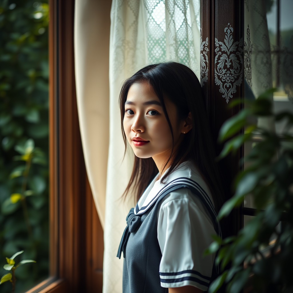 portrait of a young woman in a school uniform standing by a window with lacy curtains surrounded by greenery natural light soft focus 85mm f/1.8 ISO 100 shallow depth of field high dynamic range