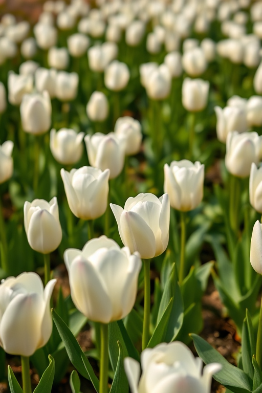 Photograph a field of white tulips in full bloom, aperture f/2.8, shutter speed 1/1000s, ISO 200, captured from a low angle with a shallow depth of field using a DSLR camera for enhanced clarity and vivid colors.